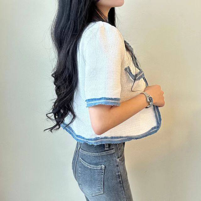 Short-Sleeve Plain Contrast Trim Jacket