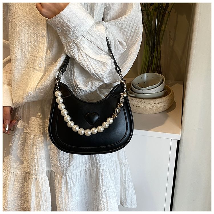 Heart Faux Pearl Chain Shoulder Bag