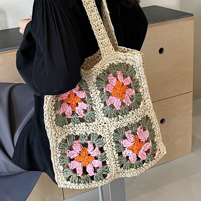 Floral Patterned Straw Tote Bag