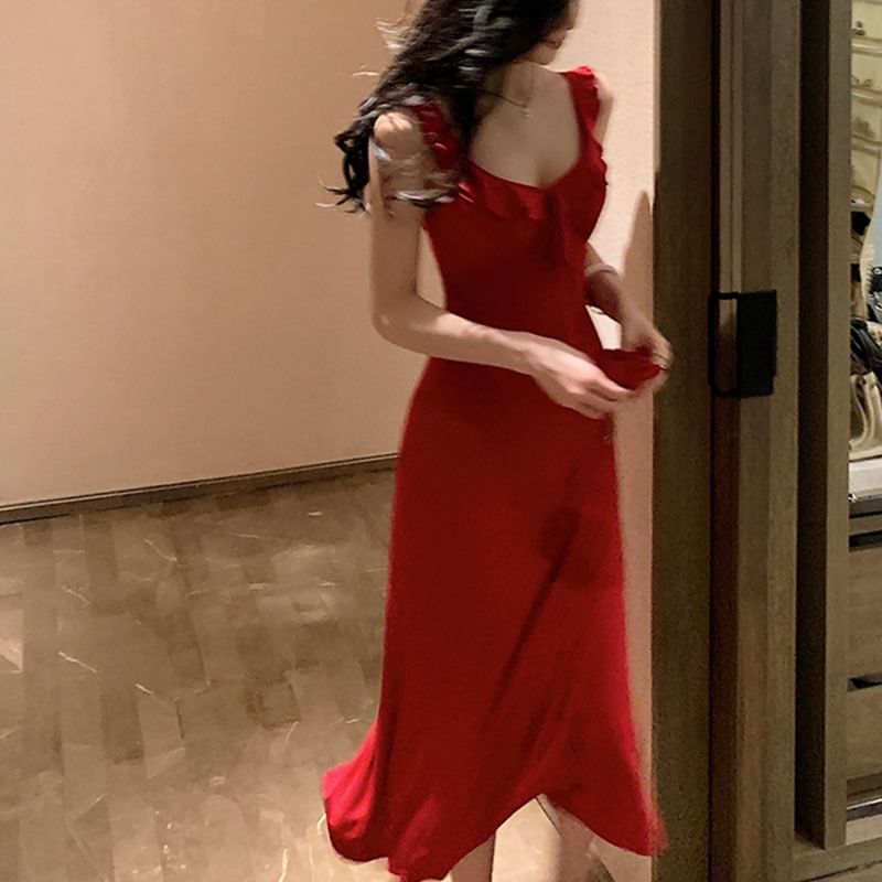 V-Neck Spaghetti Strap Solid A-Line Maxi Dress