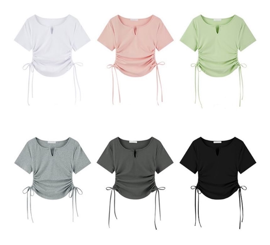 Drawstring Short-Sleeve Notch Plain Neck Waist Tee