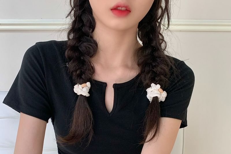 Drawstring Short-Sleeve Notch Plain Neck Waist Tee