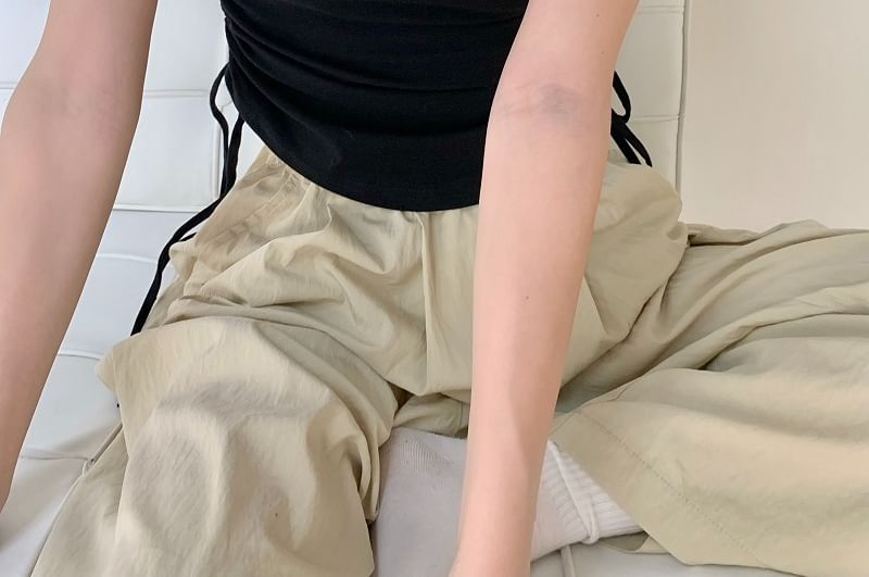 Drawstring Short-Sleeve Notch Plain Neck Waist Tee