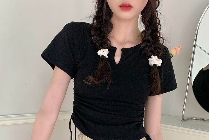 Drawstring Short-Sleeve Notch Plain Neck Waist Tee