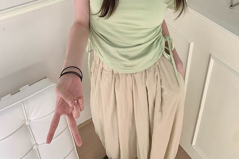 Drawstring Short-Sleeve Notch Plain Neck Waist Tee