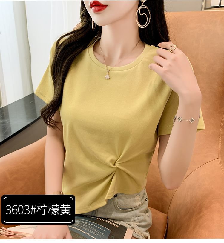 Plain Asymmetrical Crew T-Shirt Neck Ruched Short-Sleeve