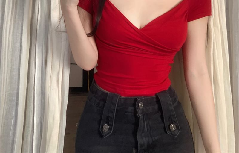 V-Neck T-Shirt Short-Sleeve Wrap Plain