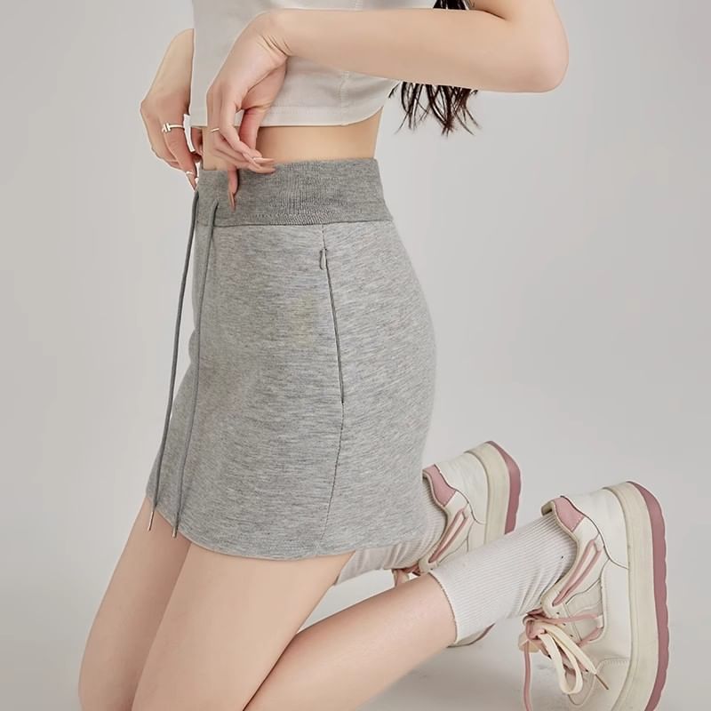 Waist Pencil Mini Plain Skirt Drawstring