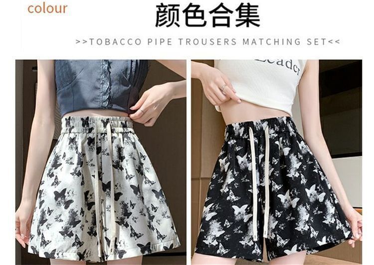 Drawstring Butterfly Print Waist Shorts