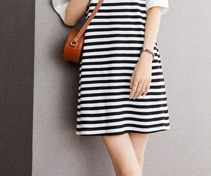 Short-Sleeve Round Neck Striped Panel Ruffle Trim Mini A-Line Dress