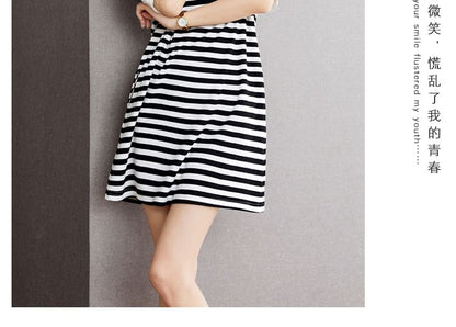 Short-Sleeve Round Neck Striped Panel Ruffle Trim Mini A-Line Dress