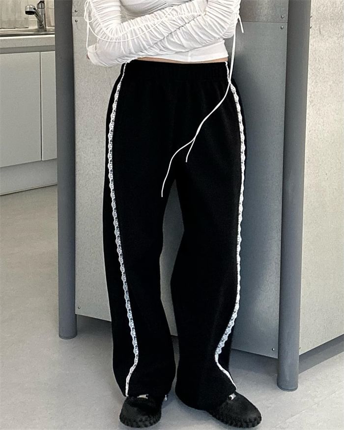 Low Waist Lace Panel Loose-Fit Wide-Leg Sweatpants