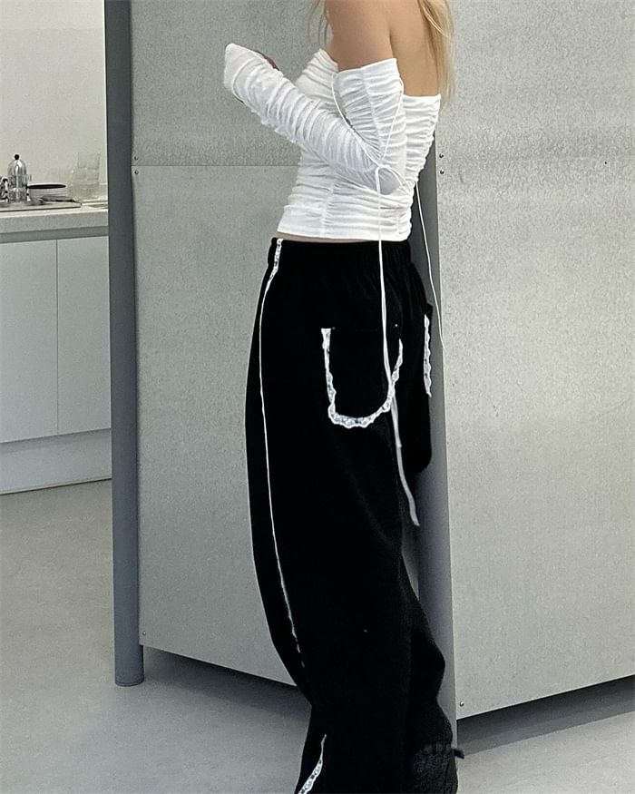 Low Waist Lace Panel Loose-Fit Wide-Leg Sweatpants