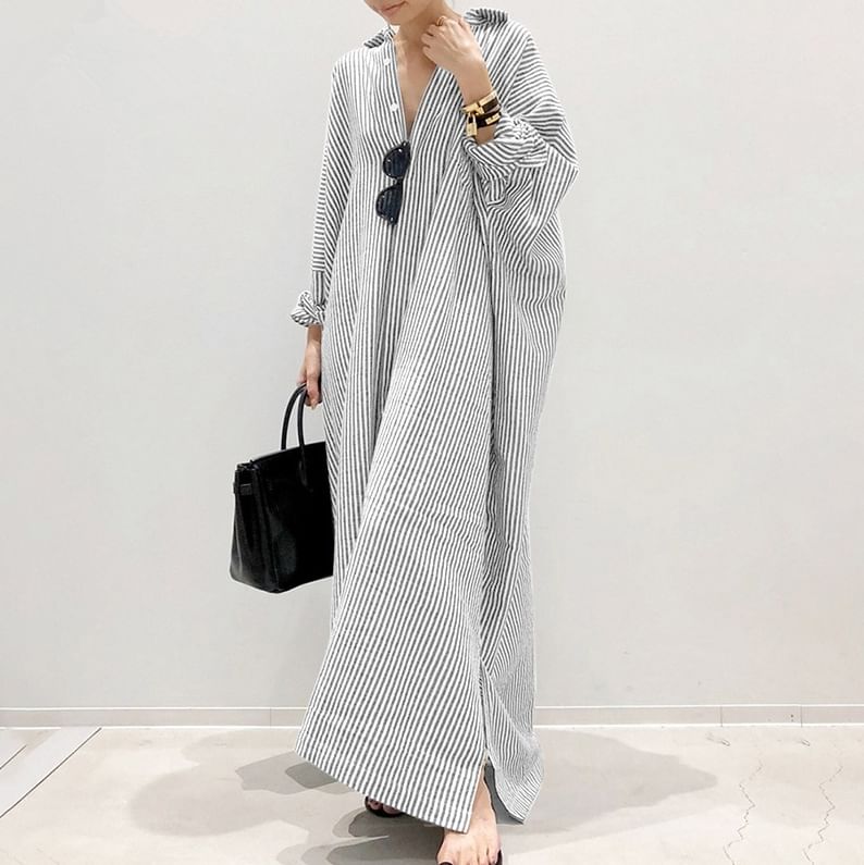 Long-Sleeve Striped Button-Up Tunic Shirt Dress