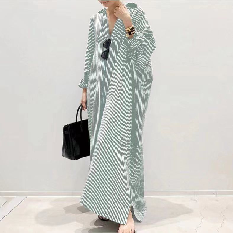 Long-Sleeve Striped Button-Up Tunic Shirt Dress