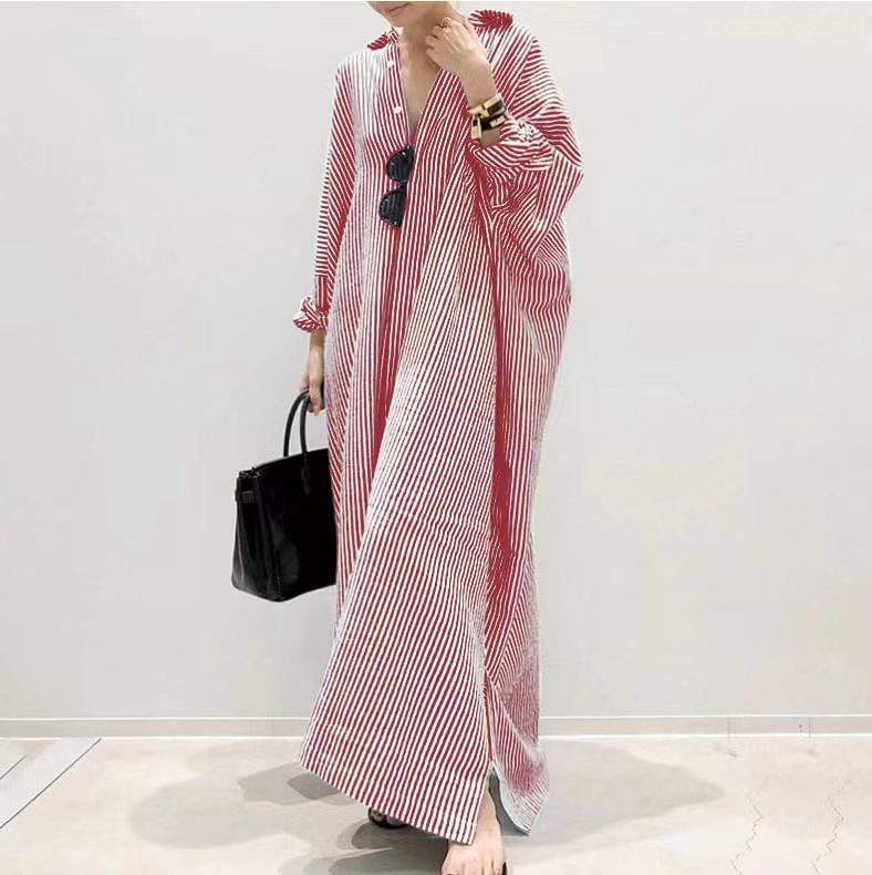 Long-Sleeve Striped Button-Up Tunic Shirt Dress
