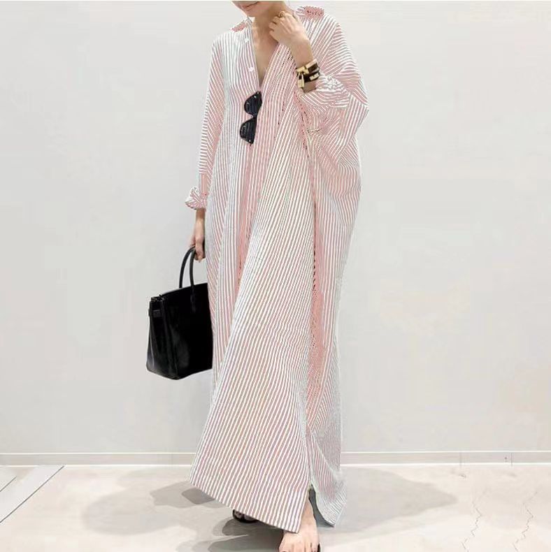 Long-Sleeve Striped Button-Up Tunic Shirt Dress