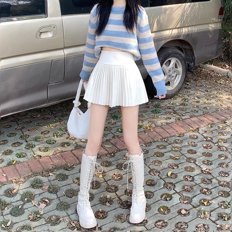 Skirt Plain Pleated Waist Mini High Accordion A-Line