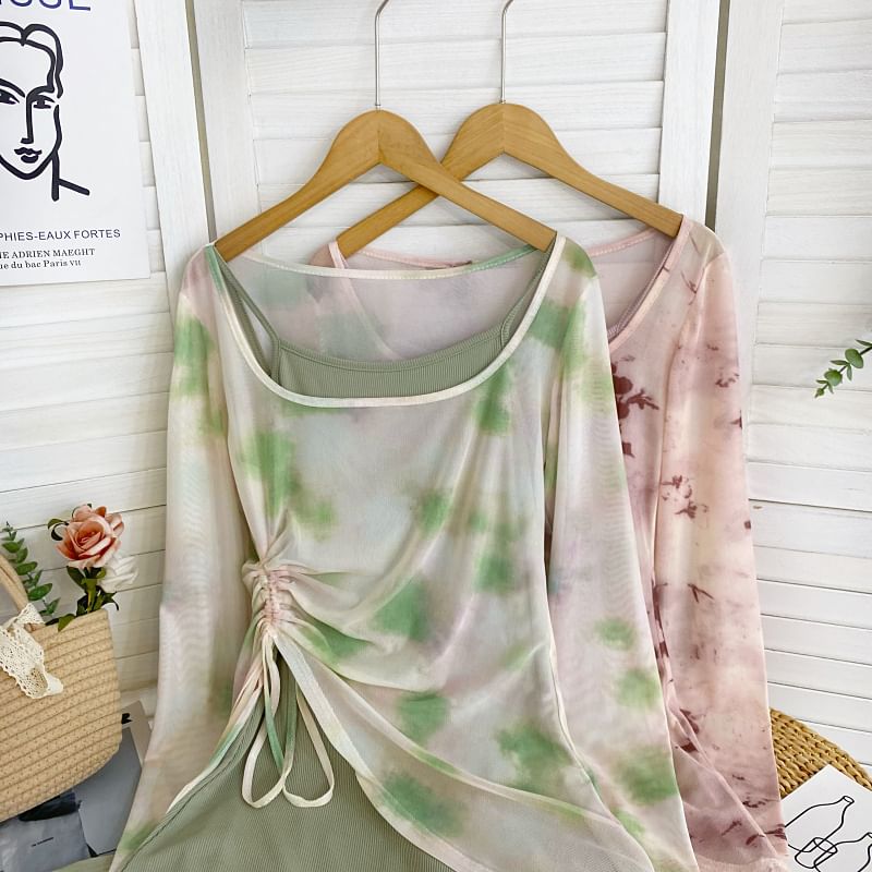 Set: Long-Sleeve Scoop Neck Tie Dye Asymmetrical Top + Thin Strap Solid Midi Sheath Dress