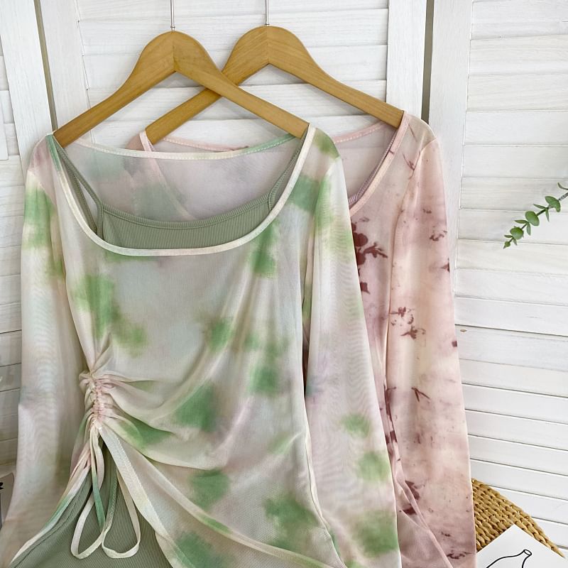Set: Long-Sleeve Scoop Neck Tie Dye Asymmetrical Top + Thin Strap Solid Midi Sheath Dress