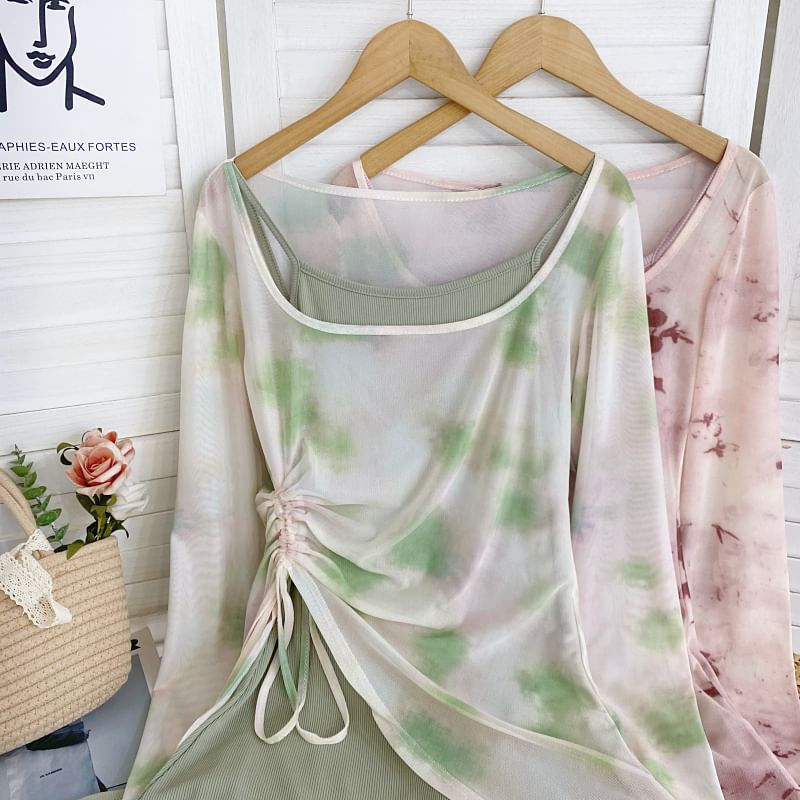 Set: Long-Sleeve Scoop Neck Tie Dye Asymmetrical Top + Thin Strap Solid Midi Sheath Dress