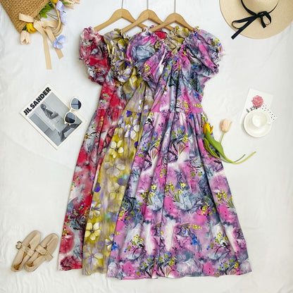 Cap-Sleeve V-Neck Floral Midi A-Line Dress