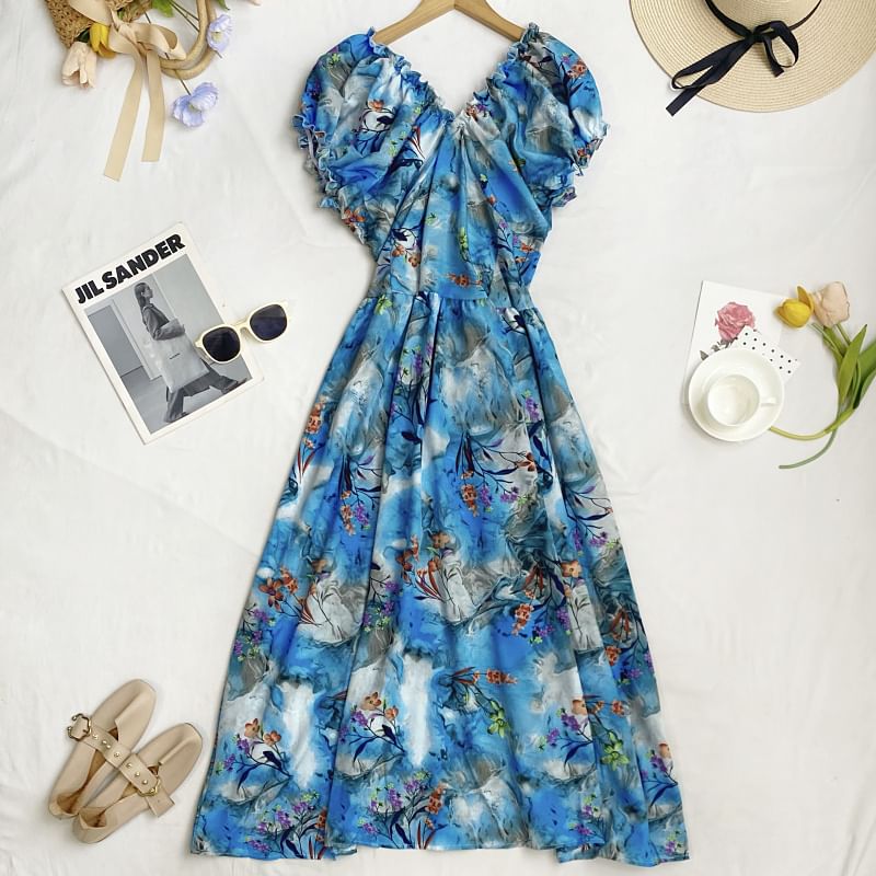 Cap-Sleeve V-Neck Floral Midi A-Line Dress