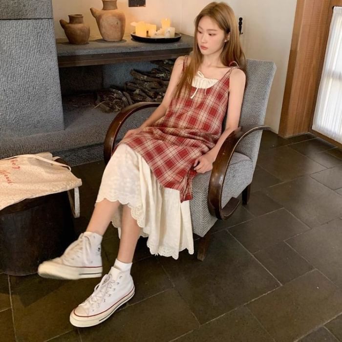 Thin Strap Plaid Mock Two-Piece Maxi Sundress