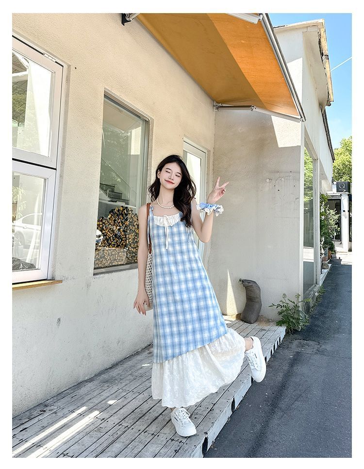 Thin Strap Plaid Mock Two-Piece Maxi Sundress