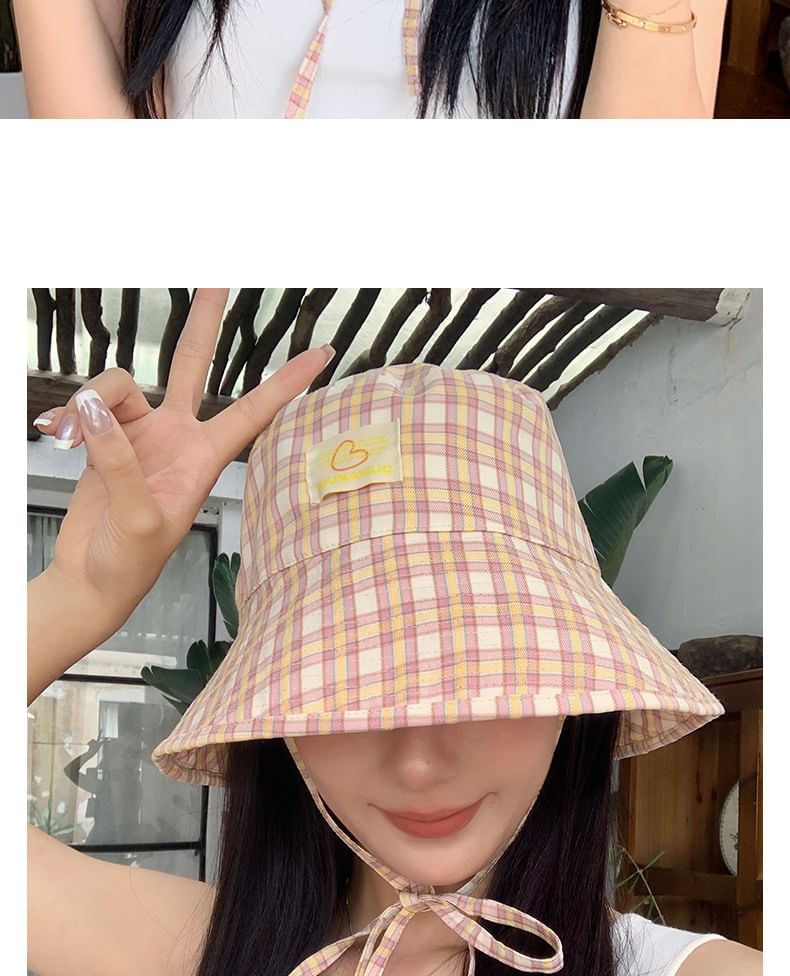 Lettering Applique Plaid Bucket Hat