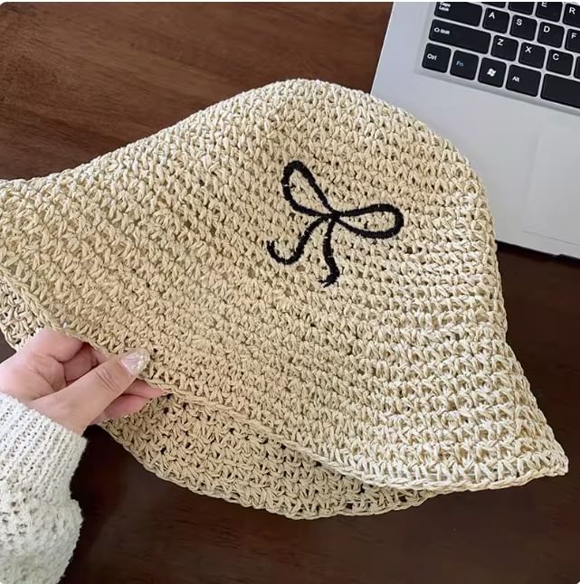 Hat Knit Embroidered Bow Bucket