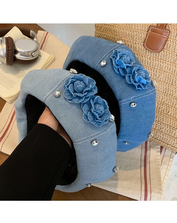 Flower Rhinestone Denim Beret