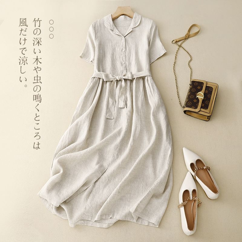 Elbow-Sleeve Collar Tie Front Half-Button A-Line Midi Dress