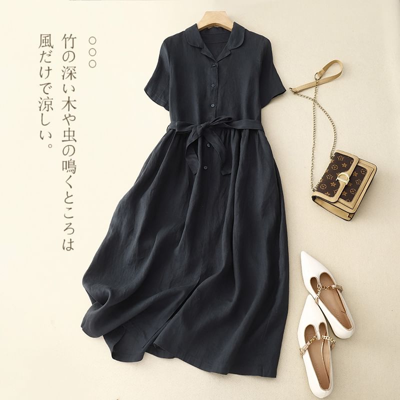 Elbow-Sleeve Collar Tie Front Half-Button A-Line Midi Dress