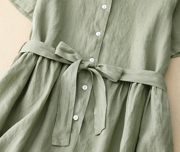 Elbow-Sleeve Collar Tie Front Half-Button A-Line Midi Dress