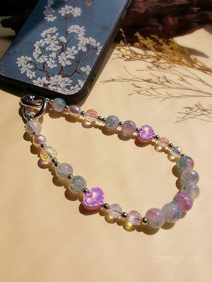 Faux Crystal Bead Phone Strap with Lanyard Pad