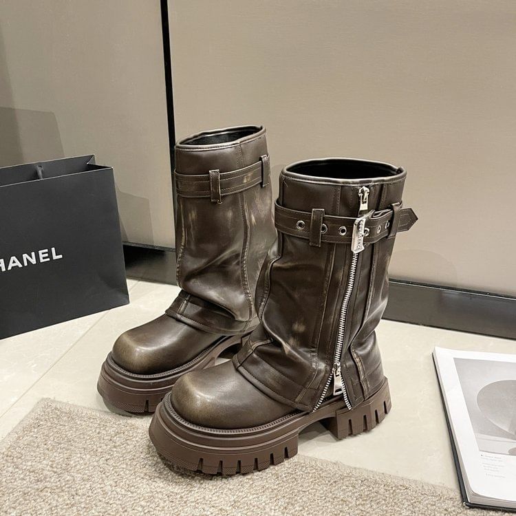 Platform Heel Mid-Calf Boots Chunky Buckled