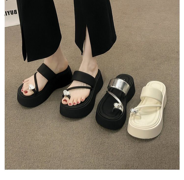 Sandals Heart Rhinestone Platform Toe Slide Loop