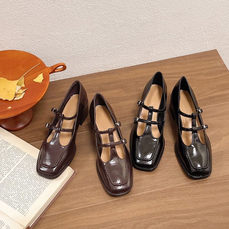 Mary Toe Jane Pumps Heel Chunky Double-Strap Square