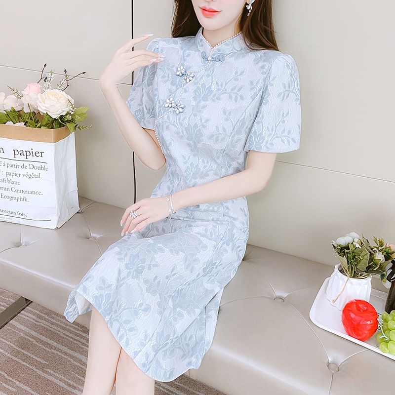 Traditional Chinese Short-Sleeve Stand Collar Faux Pearl Accent Frog Buttoned Lace Midi A-Line Dress