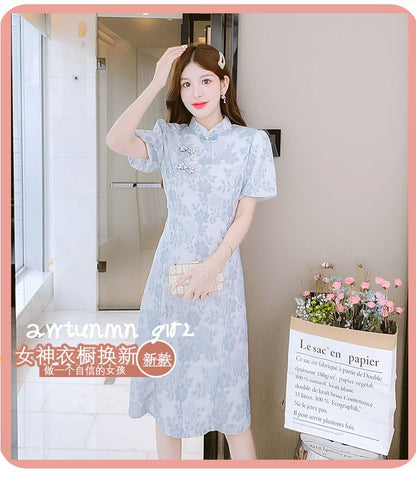 Traditional Chinese Short-Sleeve Stand Collar Faux Pearl Accent Frog Buttoned Lace Midi A-Line Dress