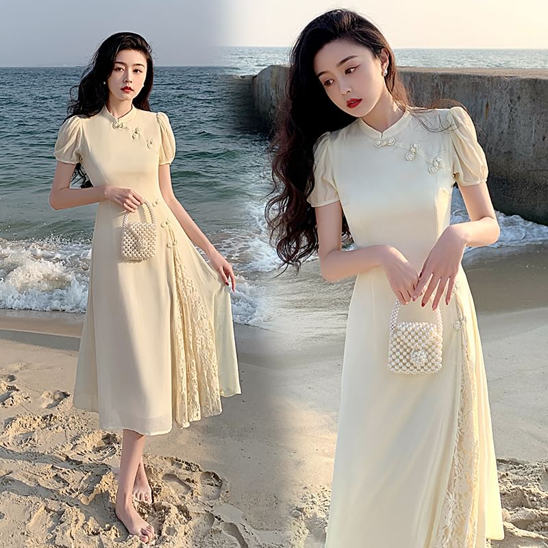 Traditional Chinese Short-Sleeve Stand Collar Lace Panel Frog Buttoned Midi A-Line Dress