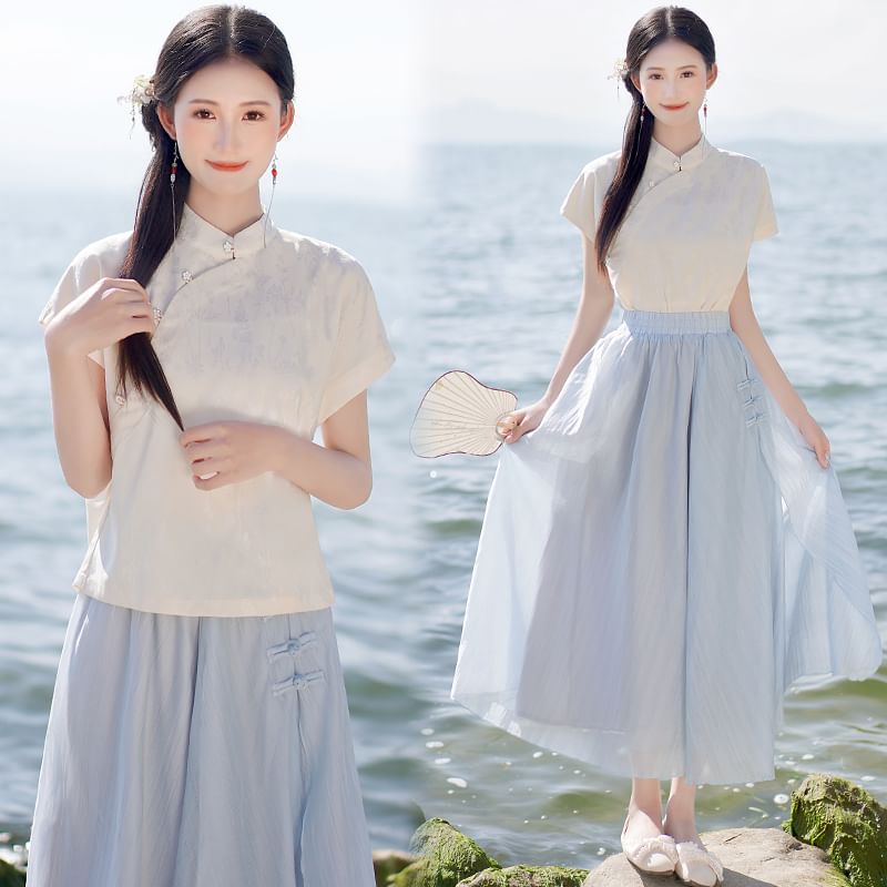 Traditional Chinese Short-Sleeve Stand Collar Jacquard Floral Buttoned Blouse / High Waist Plain Frog Buttoned Midi A-Line Skirt / Set