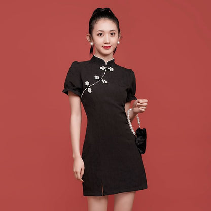 Traditional Chinese Short-Sleeve Stand Collar Faux Pearl Accent Frog Buttoned Slit Mini A-Line Dress