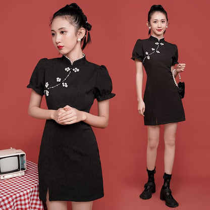 Traditional Chinese Short-Sleeve Stand Collar Faux Pearl Accent Frog Buttoned Slit Mini A-Line Dress