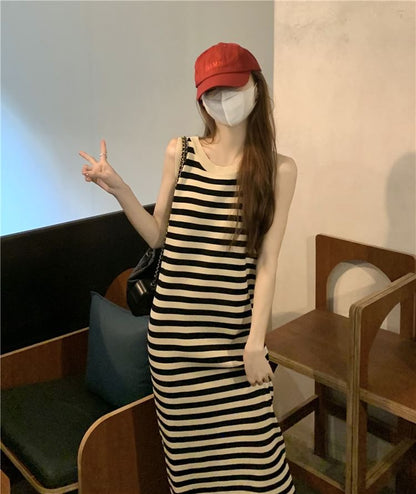 Striped Sleeveless Round Neck Bodycon Long Dress