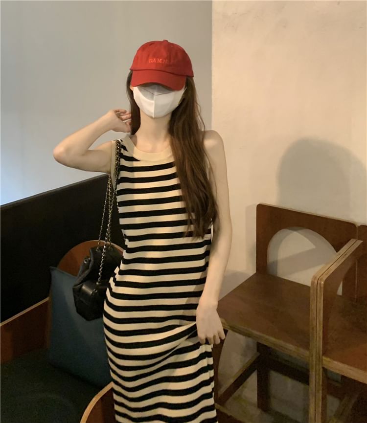 Striped Sleeveless Round Neck Bodycon Long Dress