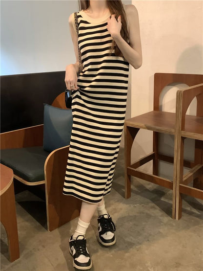 Striped Sleeveless Round Neck Bodycon Long Dress