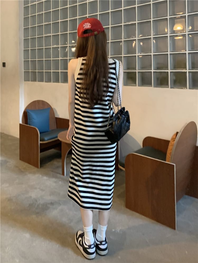 Striped Sleeveless Round Neck Bodycon Long Dress