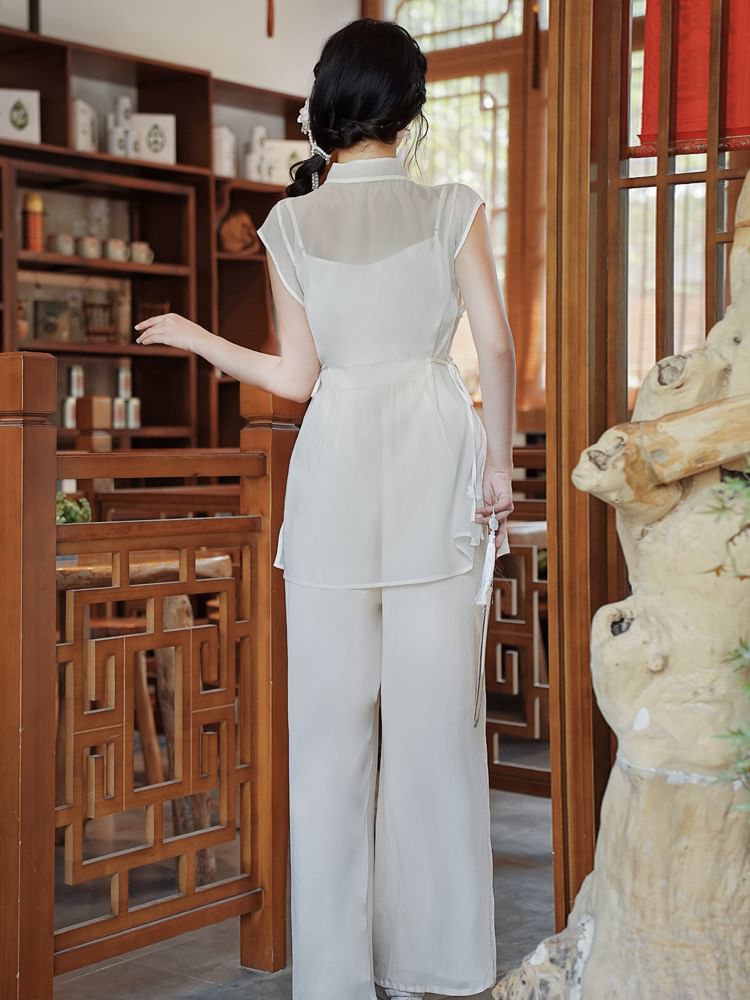 Set: Sleeveless Mandarin Collar Embroidered Top + Camisole Top + High Waist Plain Wide Leg Pants